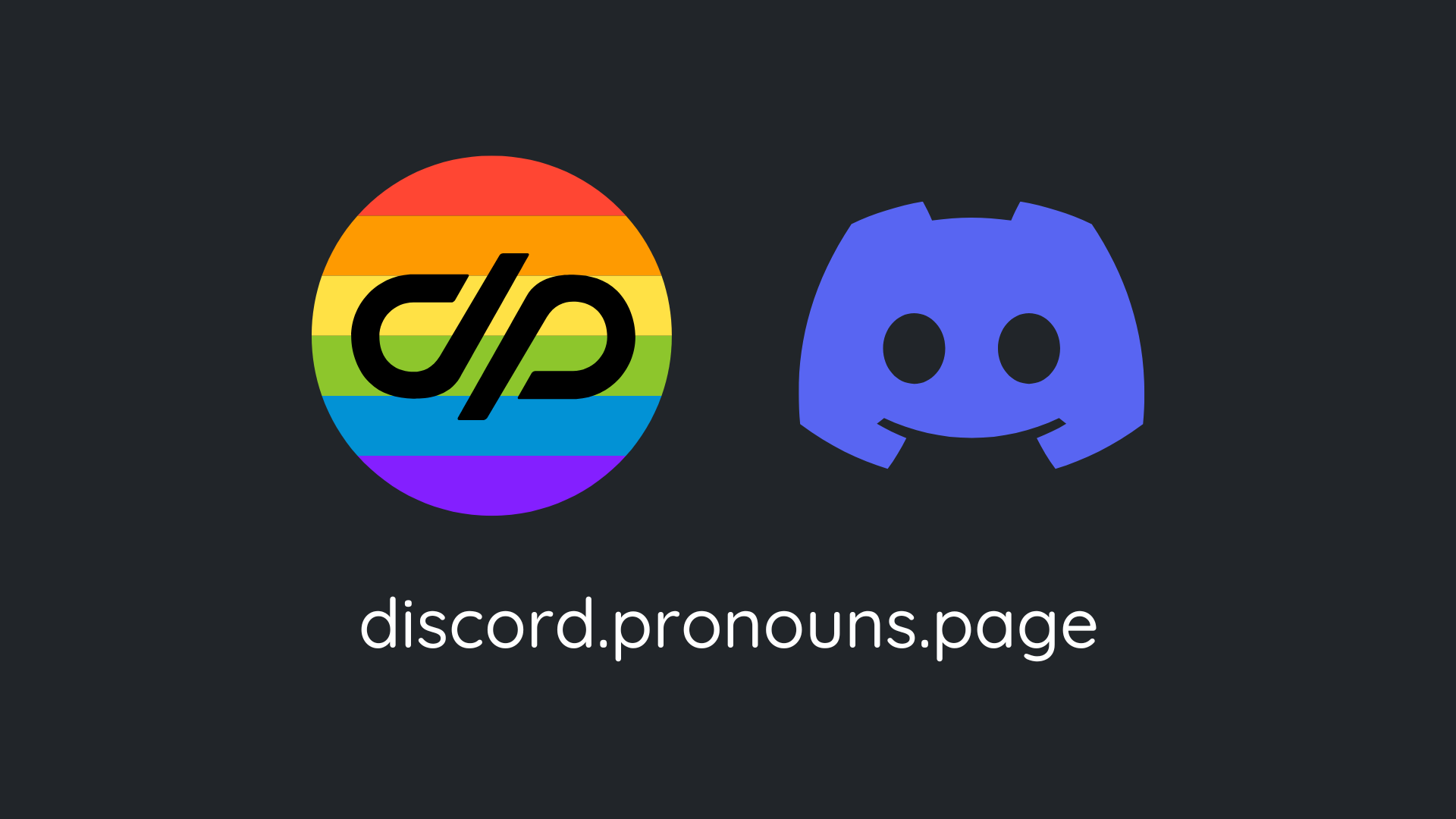 شعار الخادم (شعارنا على خلفية قوس قزح باستيل) بجوار شعار Discord. النص أدناه: discord.pronons.page