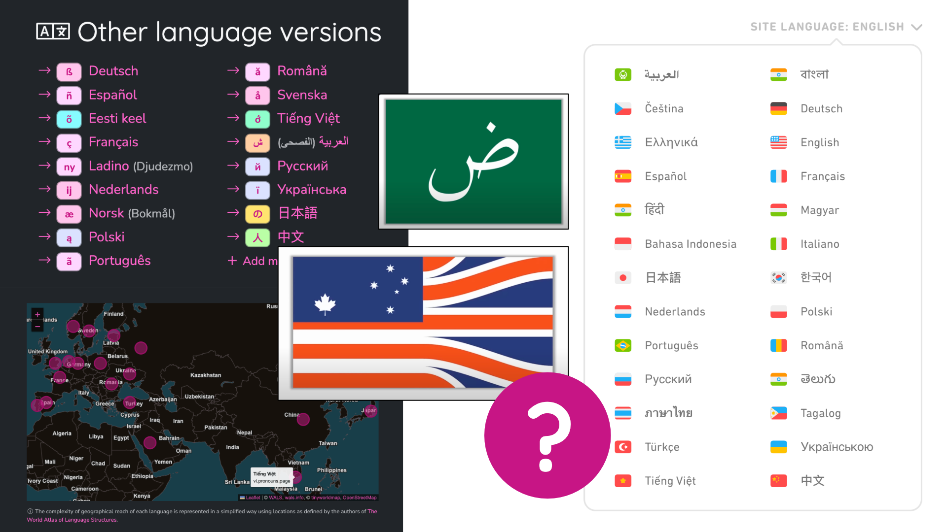 تجميع لمجموعة من الطرق المذكورة لاحقًا في المقالة (قائمة باللغات مع حروف الهجاء، خريطة، أعلام دولينجو، أعلام مجمعة...))